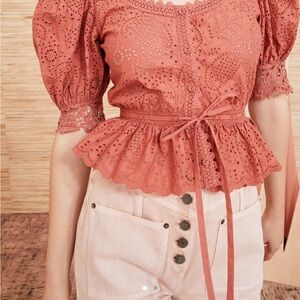 Ulla Johnson Suri Blouse Lace Eyelet Peplum Top - Rose